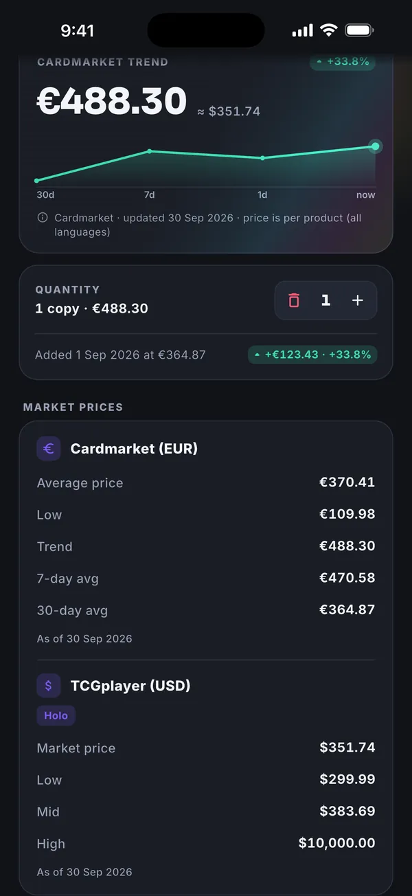 Market prices: Cardmarket and TCGplayer